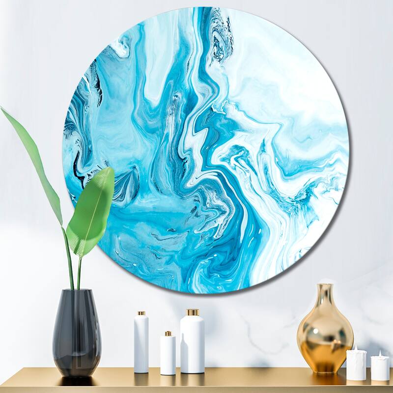 Designart 'White And Blue Marble Waves' Modern Metal Circle Wall Art - 23x23 - Disc of 23 Inch