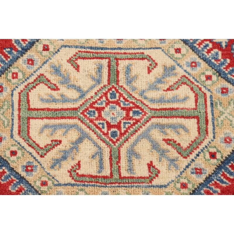Geometric Kazak Oriental Accent Rug Handmade Red Wool Carpet - 3'5" x 4'11"