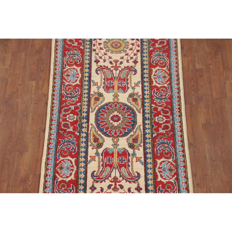 Beige Floral Kazak Oriental Runner Rug Hand-Knotted Wool Carpet - 2'9" x 10'0"