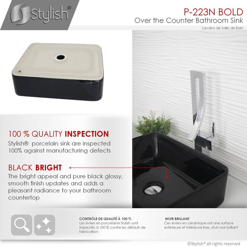 STYLISH Porcelain Rectangular 18 3/4-inches Top Mounted Ceramic Vessel Bathroom Sink - 18.75" x 14.5" x 5.25"