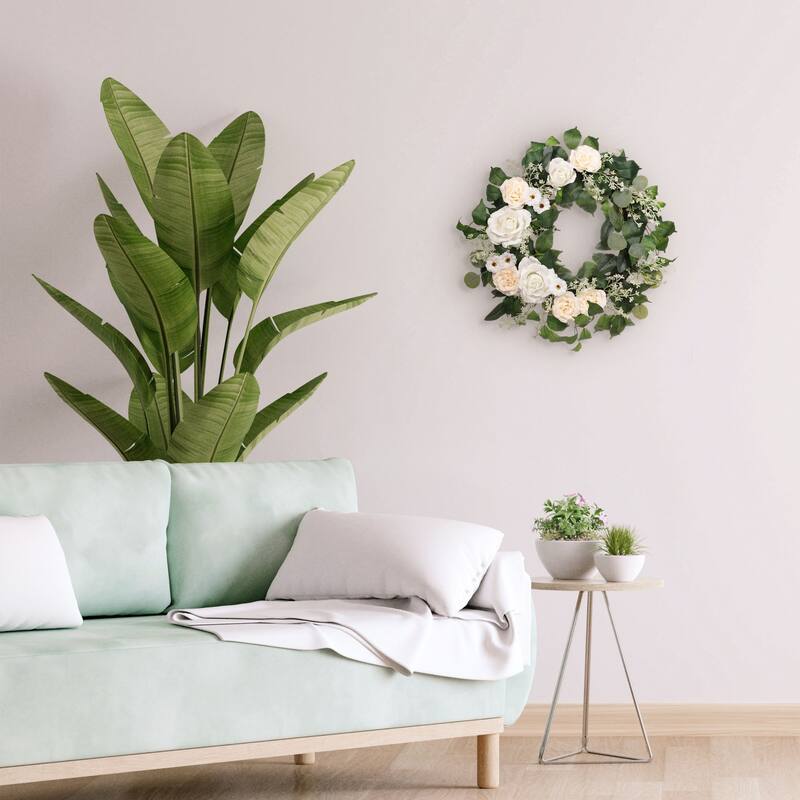 Rose and Camellia Floral Artificial Spring Wreath, 24-Inch, Unlit