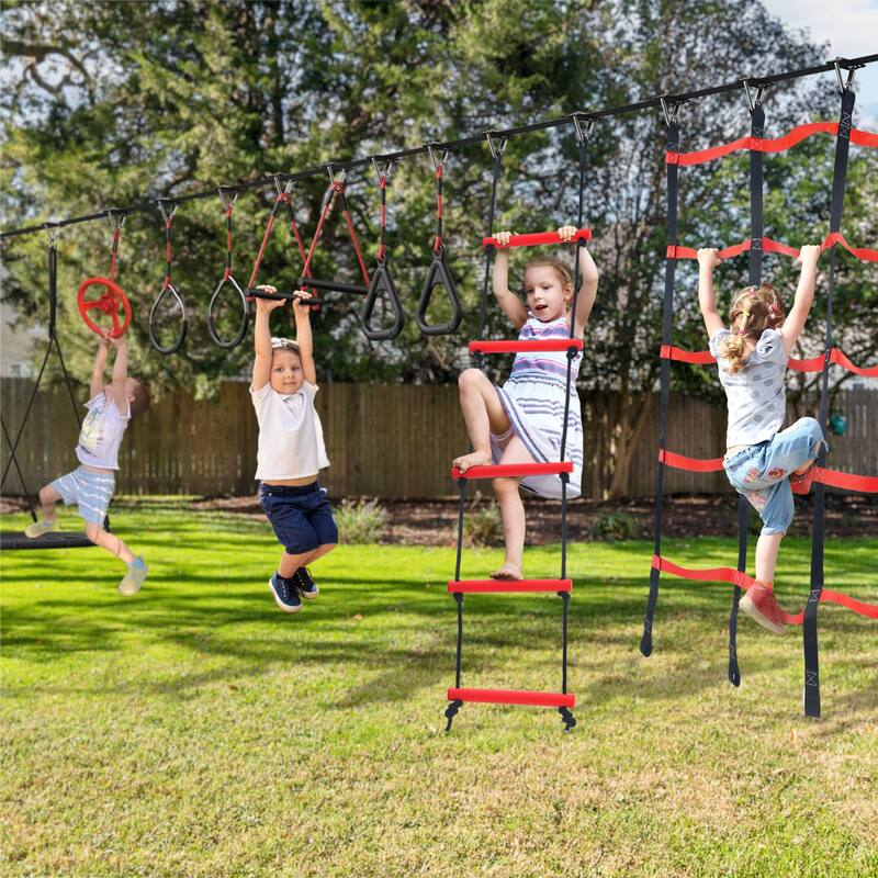 50 ft Ninja Warrior Obstacle Course for Kids with Swing, Tree Slackline Jungle Gym Outdoor