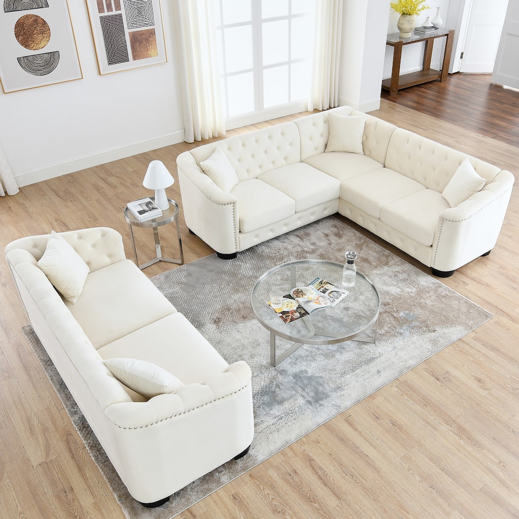 2-Piece Sofa Sets Velvet Corner Sofa+3-Seater Combination Sofa