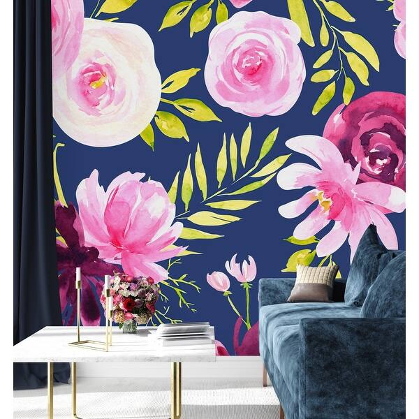 Dark Blue Wallpaper with Pink Flowers Peel and Stick and Prepasted ...