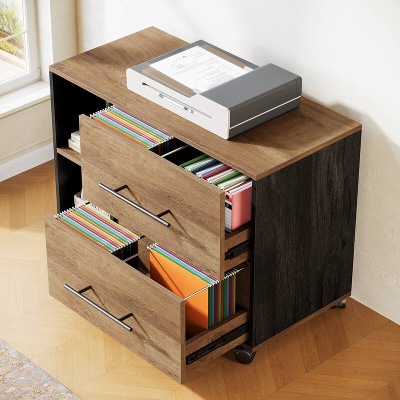 Brown Wood L Shaped Executive Desk Computer Desk with File Cabinet