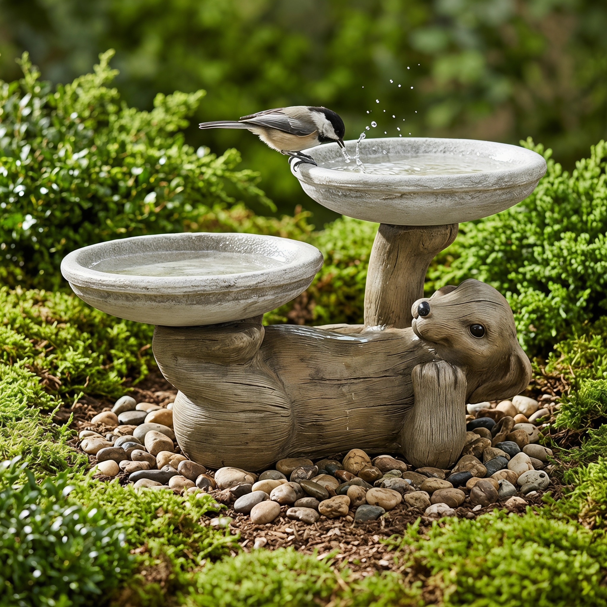 16.3 Inch High Rustic Concrete Bird Bath with Double Trays for Garden Decor