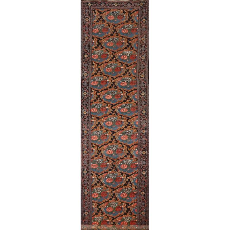 Hand Knotted Oriental 100% Wool Carpet Traditional All-Over Navy Blue & Blues Senneh Runner Rug - 19' 3'' X 3' 5''