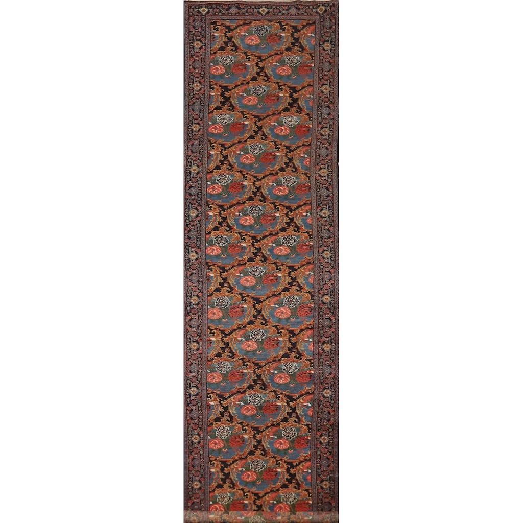 Hand Knotted Oriental 100% Wool Carpet Traditional All-Over Navy Blue & Blues Senneh Runner Rug - 19' 3'' X 3' 5''