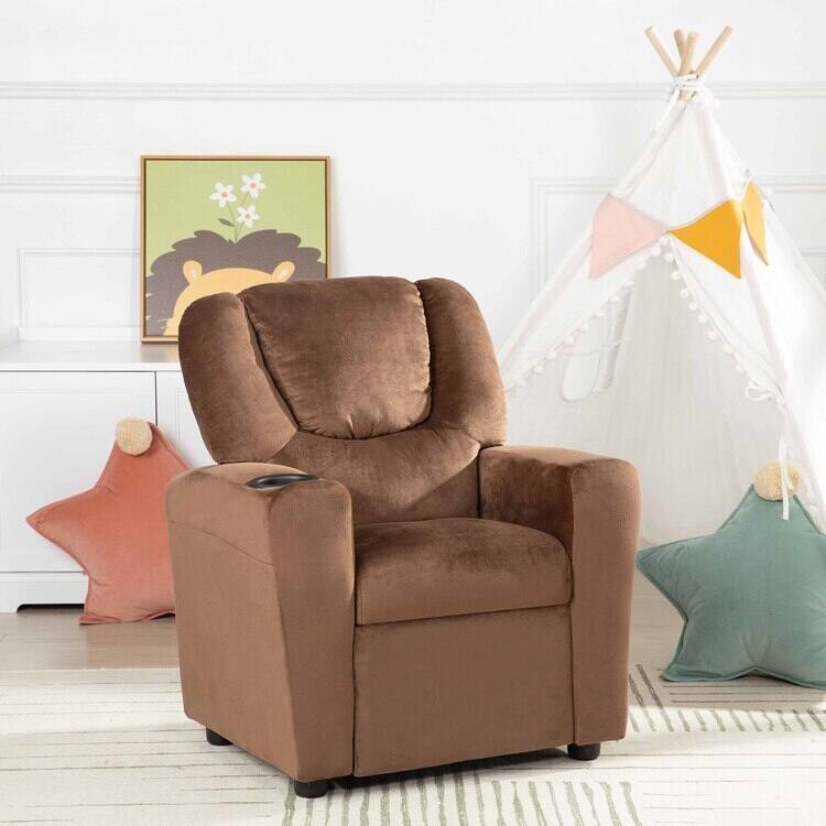 Pushback Kids Recliner Chair with Footrest & Cup Holders - Ultimate Comfort for Toddlers - Brown,Microfiber