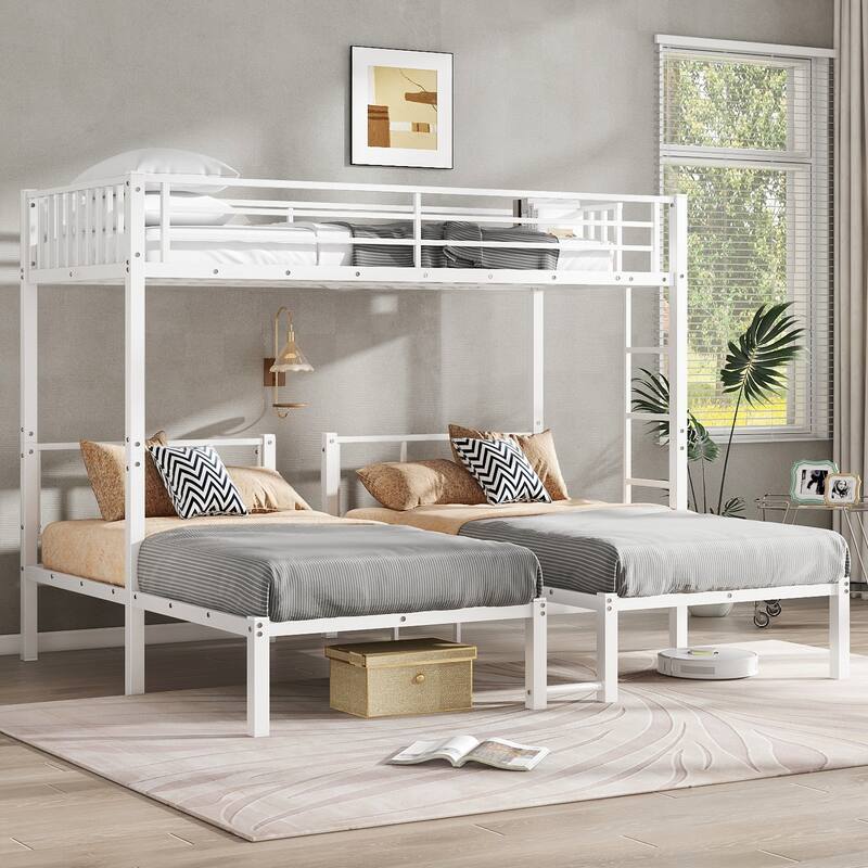 Triple Metal Bunk Bed with Twin over Twin & Twin XL, Detachable, Black, Space-Saving Design - White