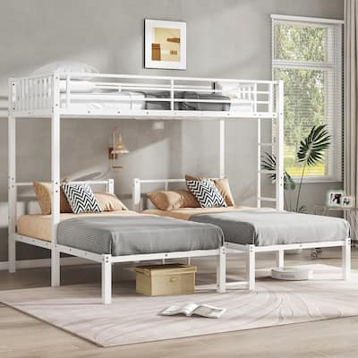 Triple Twin Metal Detachable L-Shape Bunk Bed with Guardrails, Twin XL Convertible Shelf and Under-Bed Table