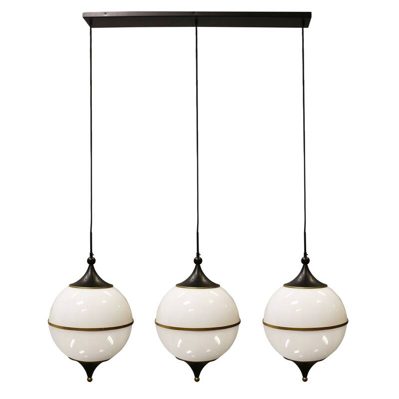 Benedict - 3-Light Pendant - Milk Glass Globes - Brass, Black Metal Finish - Milk White, Brass, Black