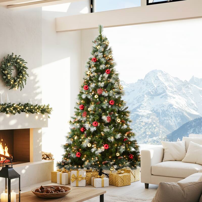EROMMY 7.5ft Pre-lit Christmas Tree with 500 Lights, Snow-Flocked Artificial Tree with Pine Cones and Ornaments