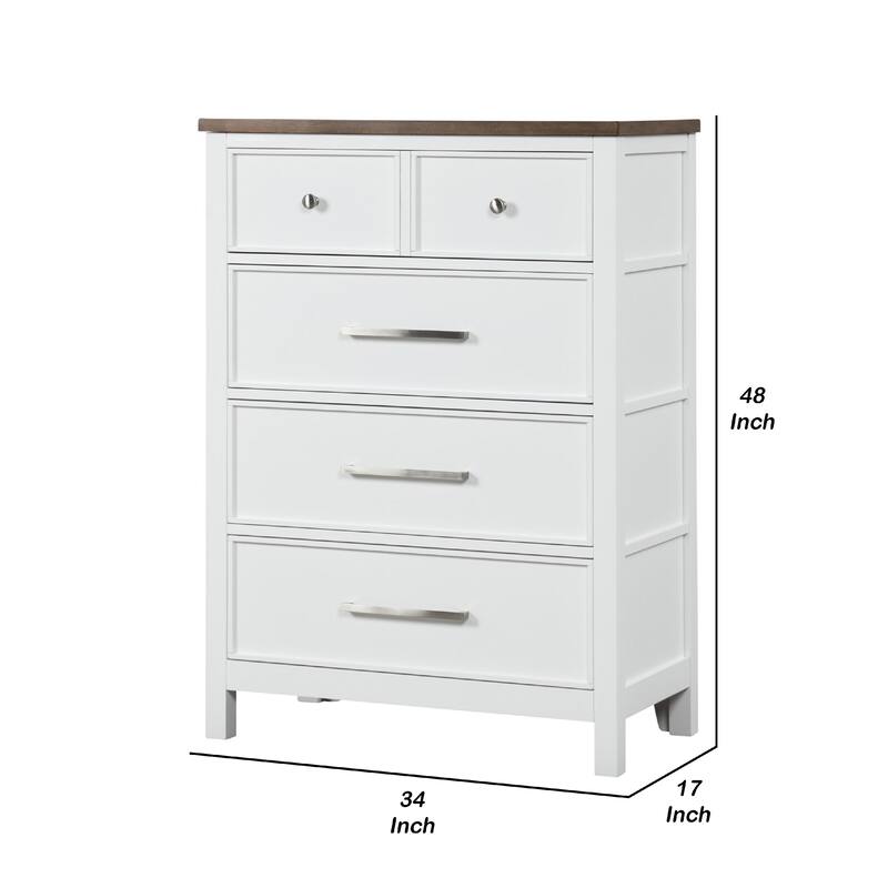 Tela Tall Dresser Chest, 5 Drawers w/ Nickel Handles, White and Brown