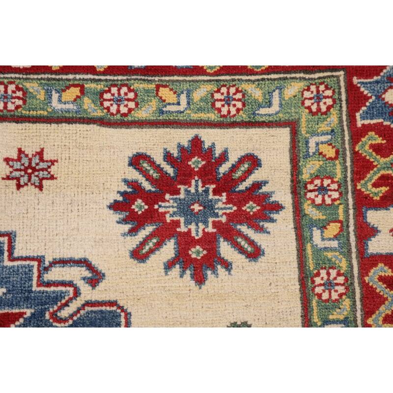 Ivory Kazak Oriental Area Rug Hand-Knotted Geometric Wool Carpet - 5'1" x 6'7"