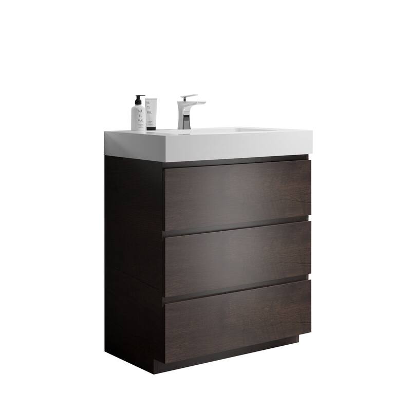 Minimalist Freestanding Bathroom Vanity with Soft-Closing Drawers, Matt Black Engineered Stone Basin - 29.9in L Melamine
