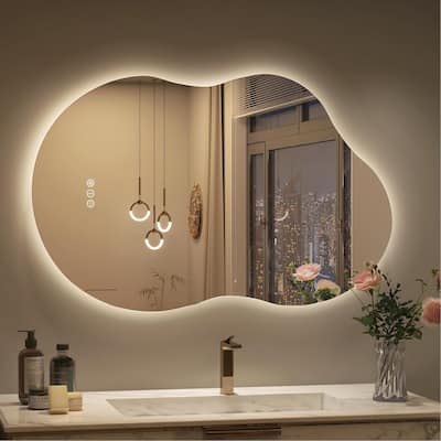 KIOTEE Frameless Irregular LED Anti-Fog Bathroom Vanity Mirror, Asymmetrical Backlit Wall Mirror