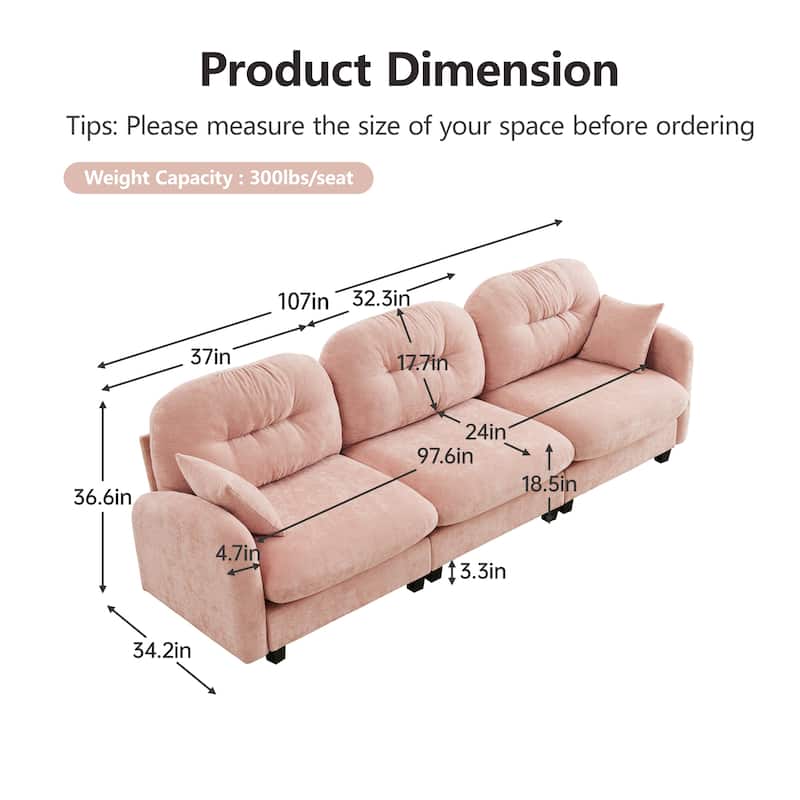 GDF Studio - Bell Modern Chenille Modular 3-Seat Sofa with Ergonomic Tufted Backrest and Wooden Base