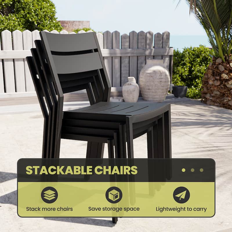 11-Piece Outdoor Aluminum Dining Table with Umbrella Hole and Stackable Chairs Set