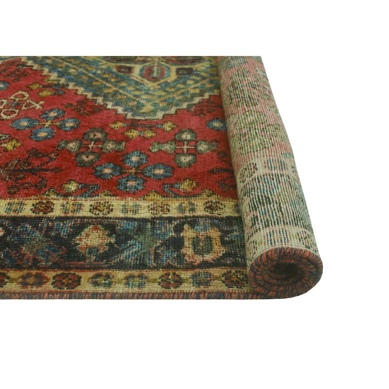 Vintage Distressed Burcu Red/Charcoal Rug - 4'2" x 5'1"