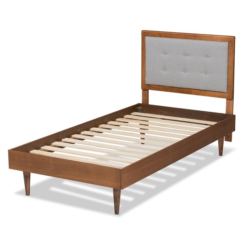 Walnut Brown Twin Size Wooden Platform Bed with Upholstered Headboard and Button-Tufted Details
