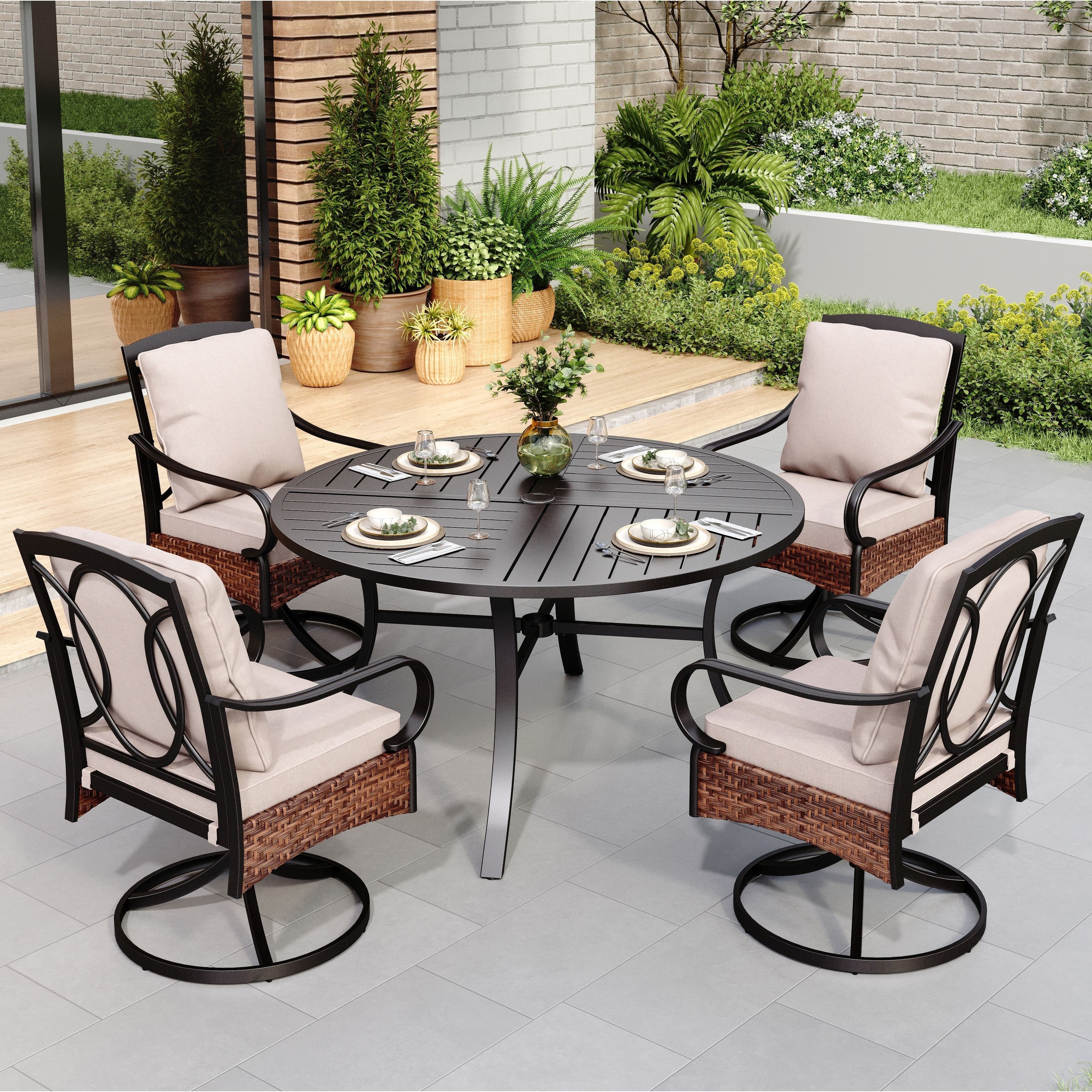 MAISON ARTS 5 Pieces Patio Dining Set with 4 Swivel Rattan Chairs and 1 Metal Frame Table