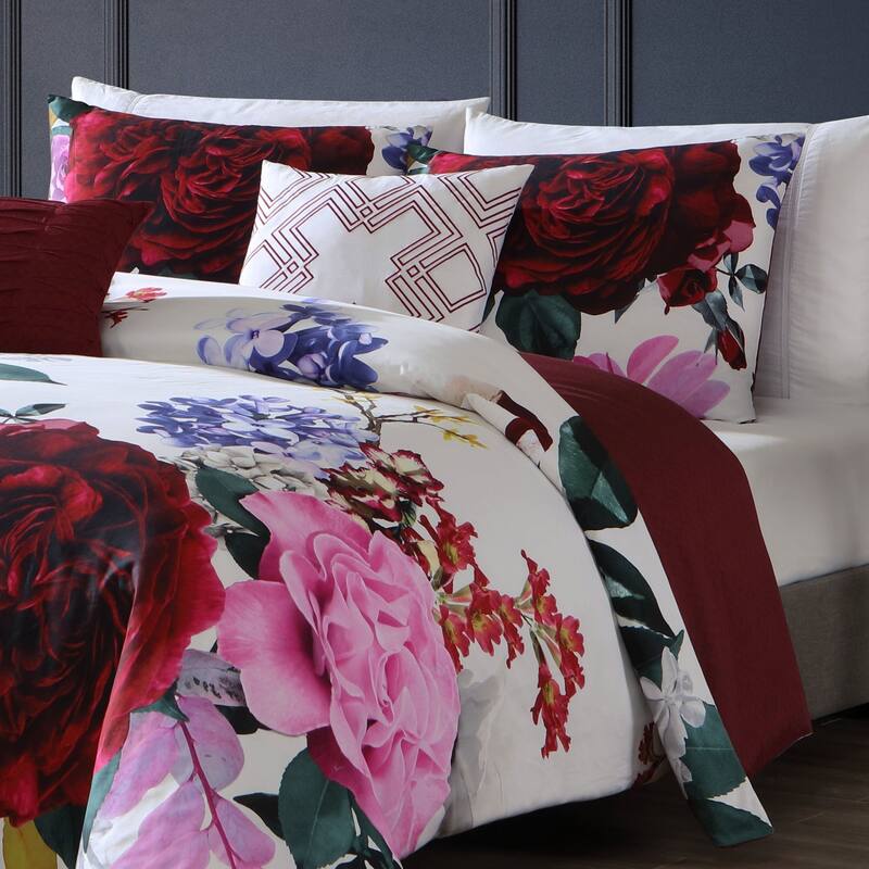 Bebejan Magenta Floral 100% Cotton 5 Piece Reversible Comforter Set