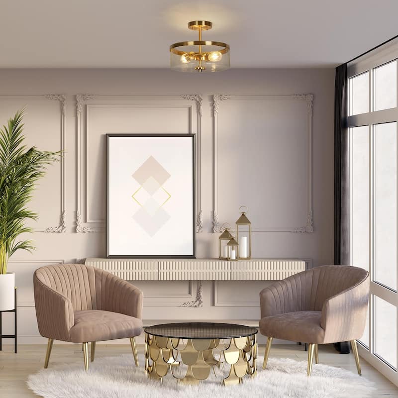 Mid-century Modern Drum Semi-flush Mount with Clear Seed Glass Dimmable Brass Gold Ceiling Lights - Brass Gold - D 12" x H 9.5"