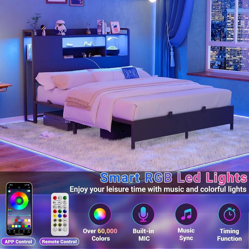 Platform Bed Frame with Reversible Storage Bookcase Headboard and Charging Station and RGB LED Lights