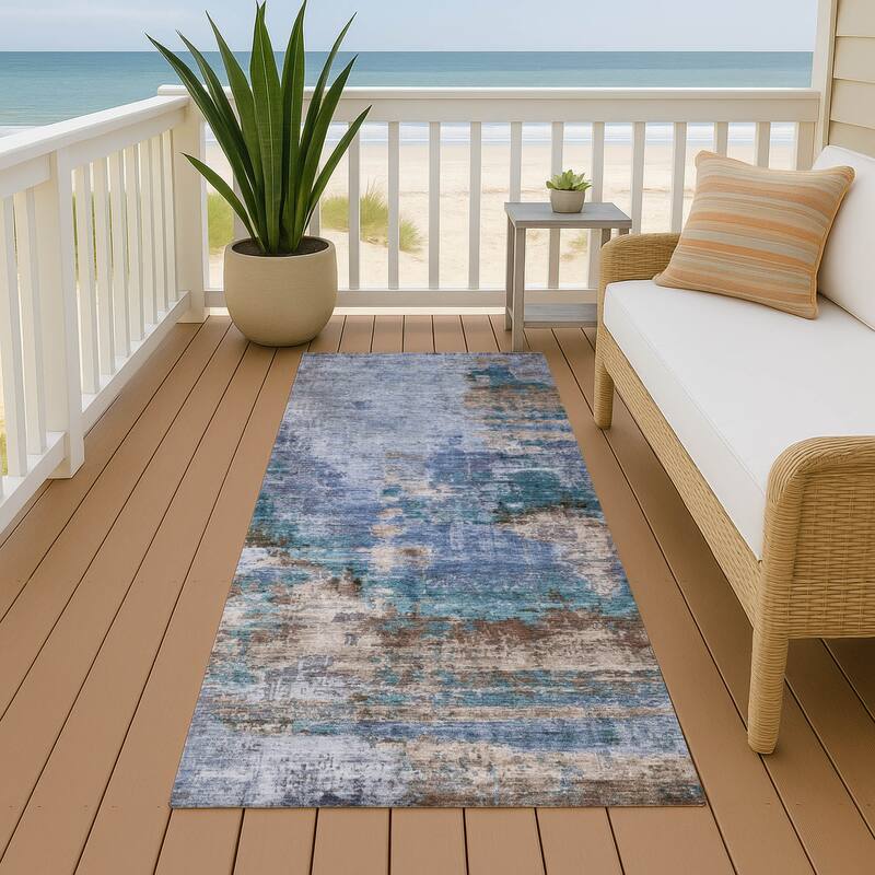 Machine Washable Indoor/ Outdoor Abstact Contemporary Chantille Rug - Blue - 2'3" x 7'6"