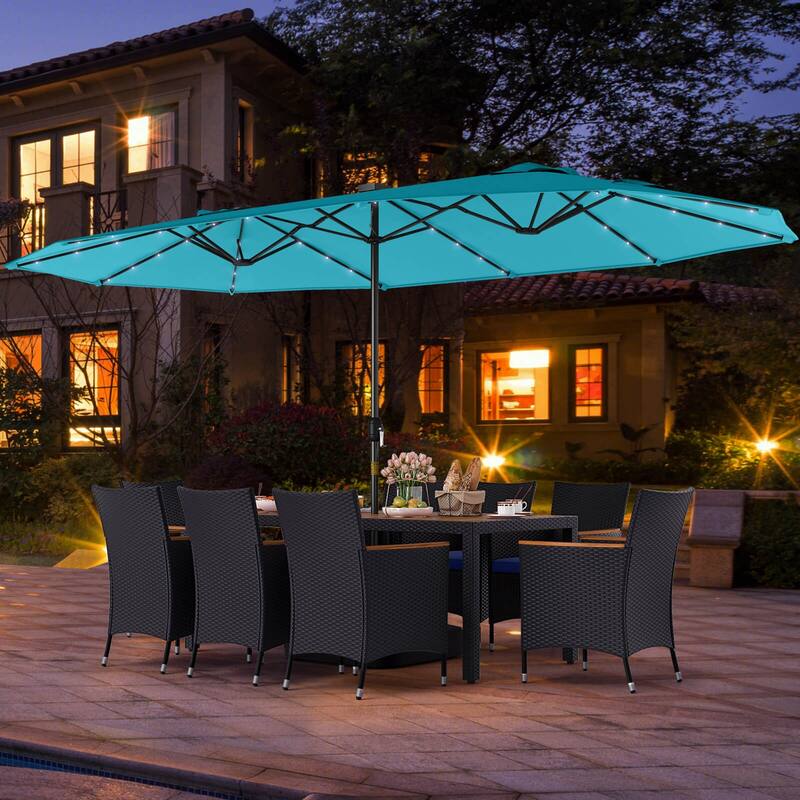 Gymax 11 PCS Patio Dining Set w/ 15ft Double-Sided Patio Umbrella