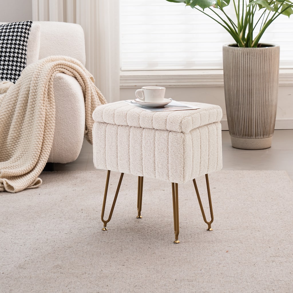 Set of 1 Lamb Wool Fabric Upholstered Storage Ottoman with Matte Golden Legs