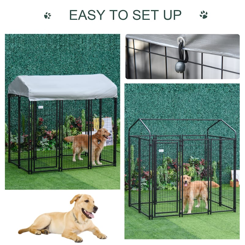 Pawhut Large Outdoor Dog Kennel Galvanized Steel Fence with UV-Resistant Oxford Cloth Roof & Secure Lock