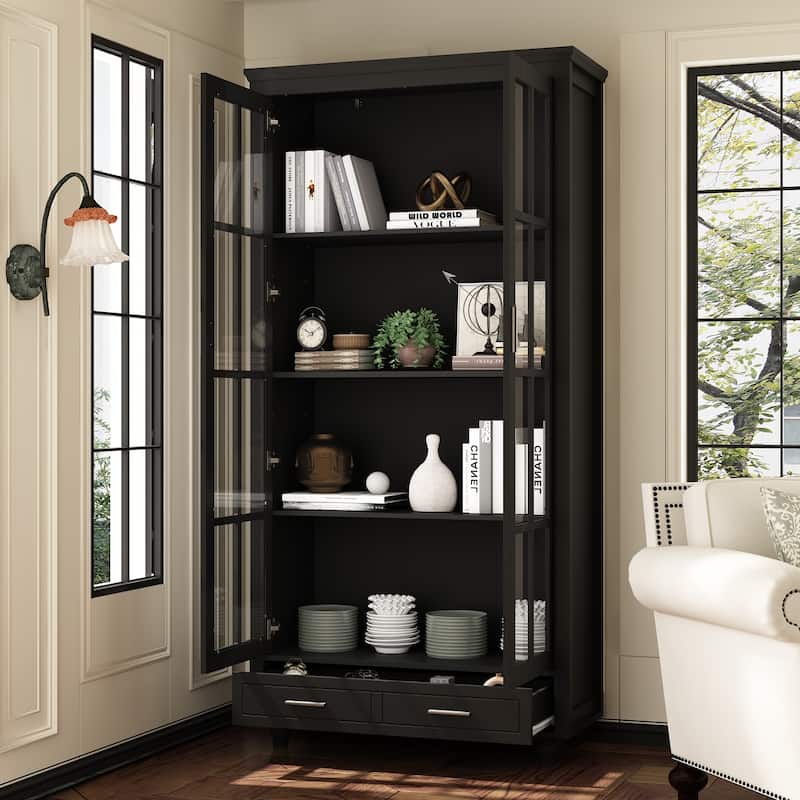 70.9"H Office Cabinet Pantry 4 shelves Bookcase 1 Drawer White Lacquer