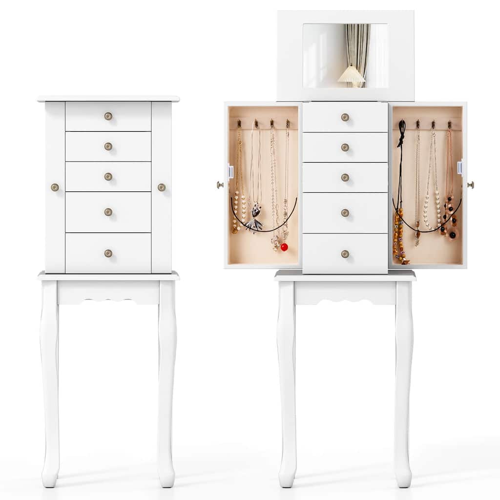 Costway Jewelry Cabinet Storage Chest Standing Organizer Mirror White - See Details
