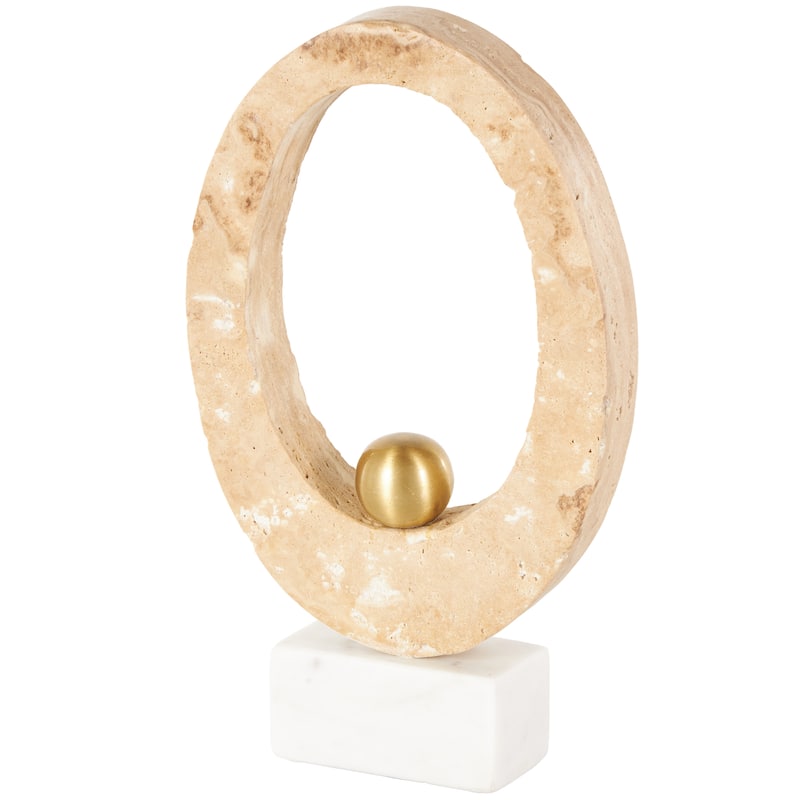 Cream Marble Oval Abstract Decorative Sculpture with Gold Ball and White Base - Cream