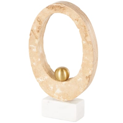 Cream Marble Oval Abstract Decorative Sculpture with Gold Ball and White Base