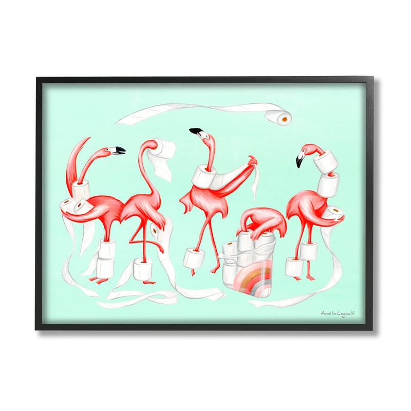 Stupell Silly Flamingos Toilet Paper Rolls Bathroom Illustration Framed Wall Art, Design by Amelie Legault - Pink - 20 x 16 - Black