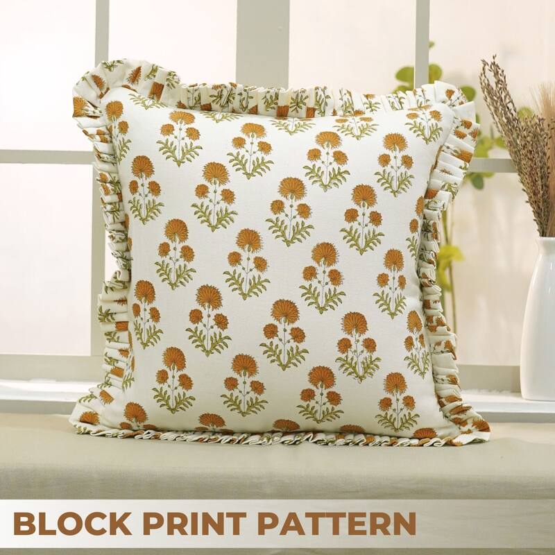 Block Print Boho Pure Cotton Musturd Pillow Cover- Rishi