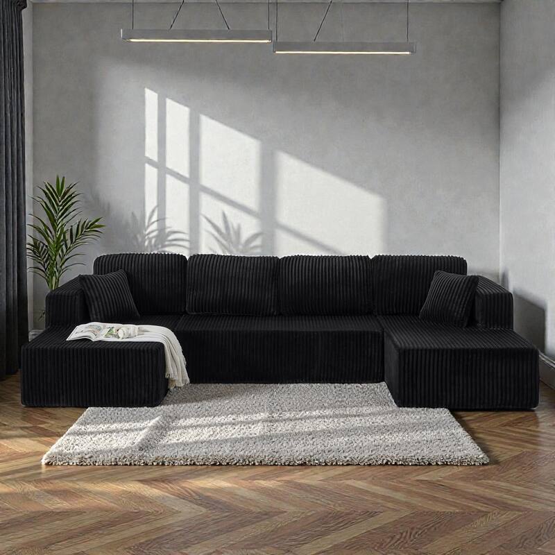 U Shaped Modular Sectional Sofa, Modern Minimalist Corduroy Compressed Couch, Sleeper Sofa for Living Room