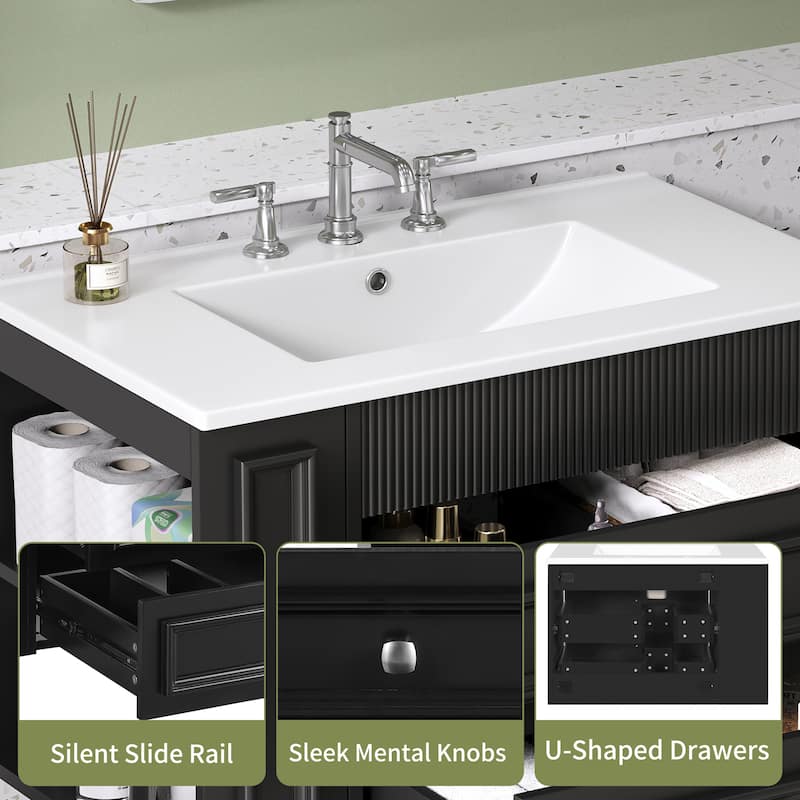 30" Wall Mounted Bathroom Vanity with Ceramic Sink and 2 Drawers, Modern Floating Storage Cabinet