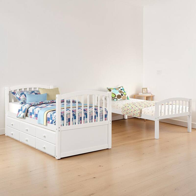 Twin Over Twin Bunk Bed with Trundle and 3 Drawers, Wooden Bunk Bed with Ladder and Safety Rails, Space Saving