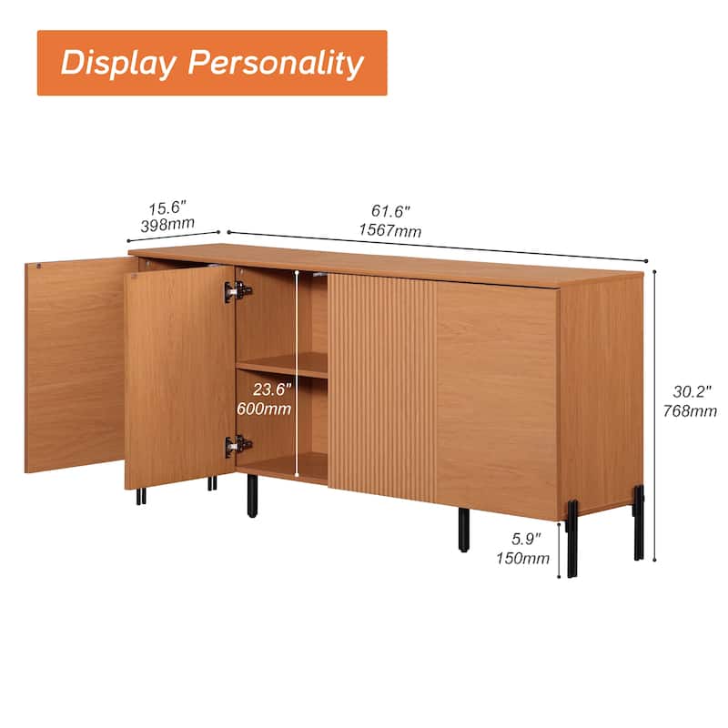 WAMPAT Wooden Reeded Baby Dresser For Bedroom, 61" 4-Door Cabinet For Kids, Mid Century Modern Closet Storage Organizer