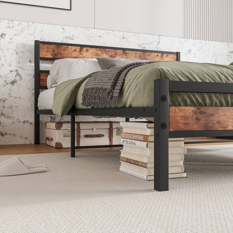 Platform Bed Frame with Rustic Vintage Wood Headboard