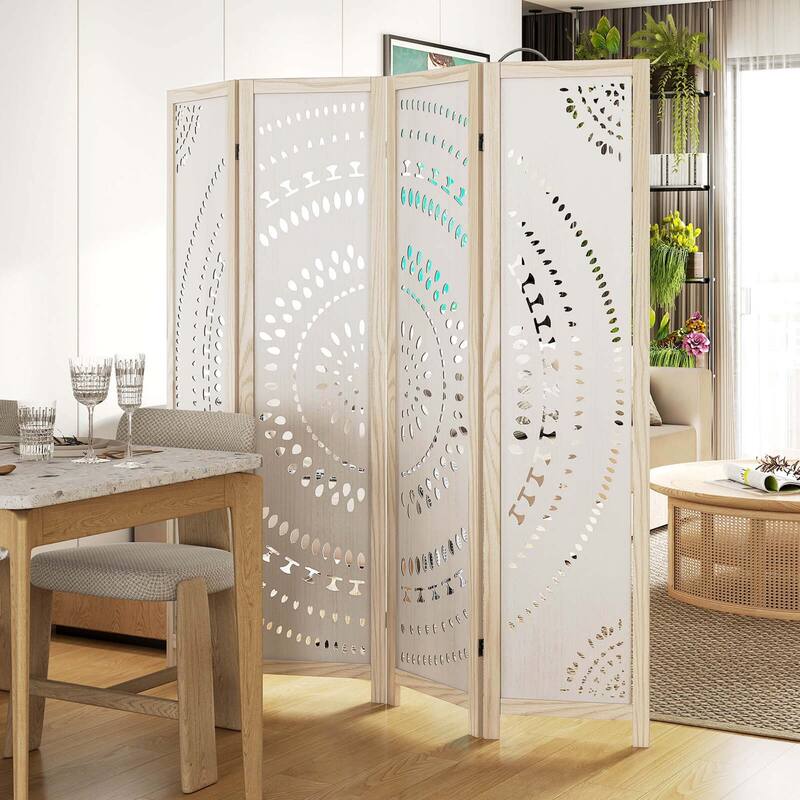 Costway 66" Boho 4-Panel Room Divider with Carved Pattern & Solid Wood - See Details