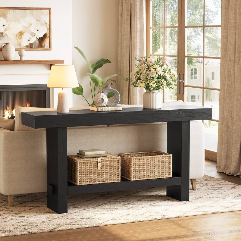 63'' Solid Wood Console Table with Shelf, 2-Tier Narrow Entryway Table