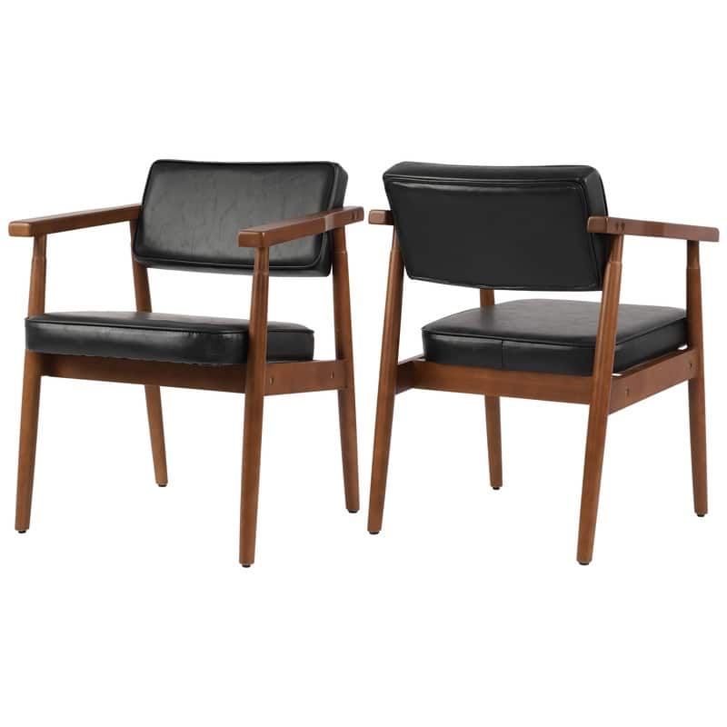 Walnut Faux Leather Upholstered Dining Chair Padded Armchair Solid Wood Open Back - Set of 2 - Black-2-Piece