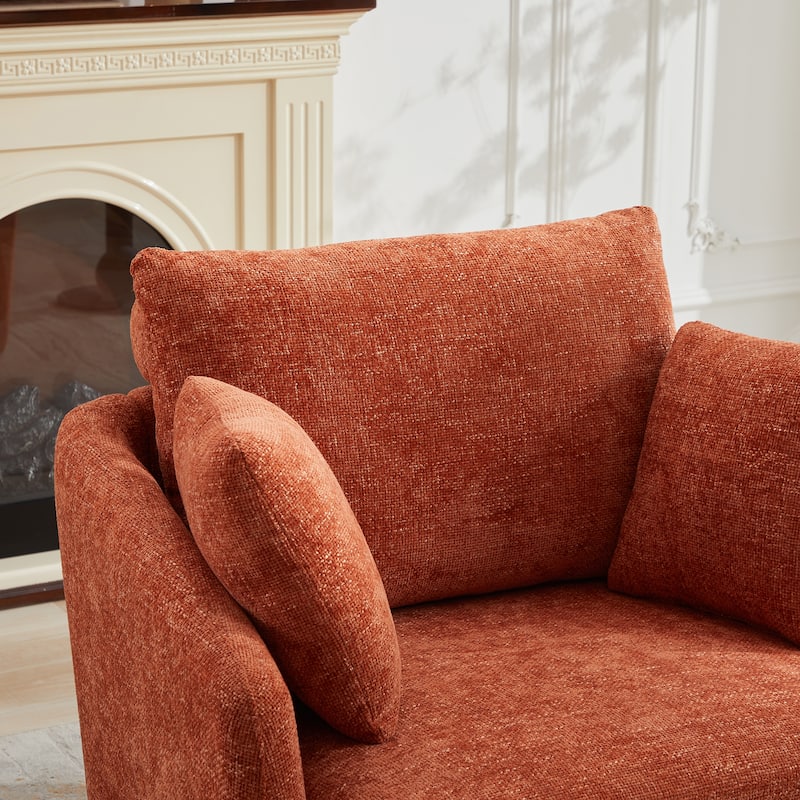 Chenille Upholstered Swivel Accent Chair, Cozy Club Chair with 2 Thorw Pillows, Oversized Lounge Armchair with Metal Base