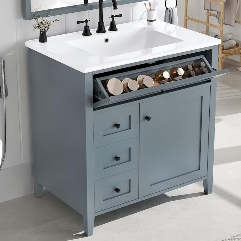 30-Inch Bathroom Vanity with Sink, Modern MDF and Rubberwood Cabinet with 3 Drawers and Adjustable Shelf, Freestanding