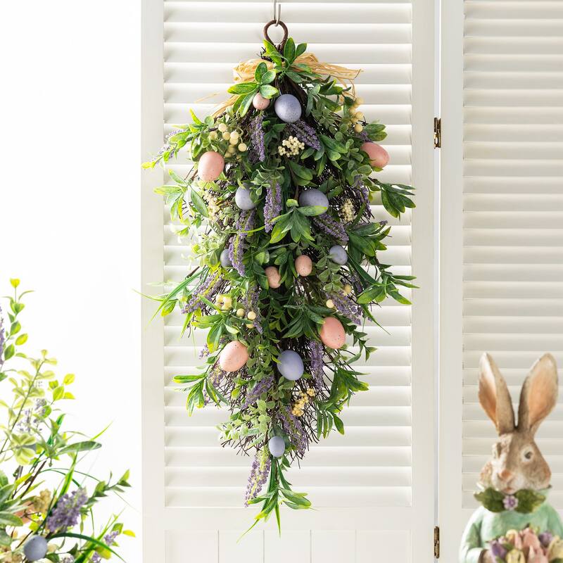 Glitzhome 28"H Easter Egg & Lavender Teardrop Swag Door Hanger